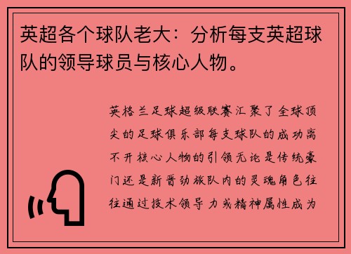 英超各个球队老大:分析每支英超球队的领导球员与核心人物。